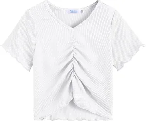 Arshiner Girls Summer Crop Top Short Sleeve Solid Shirt Trim Ruched Tee T-Shirt