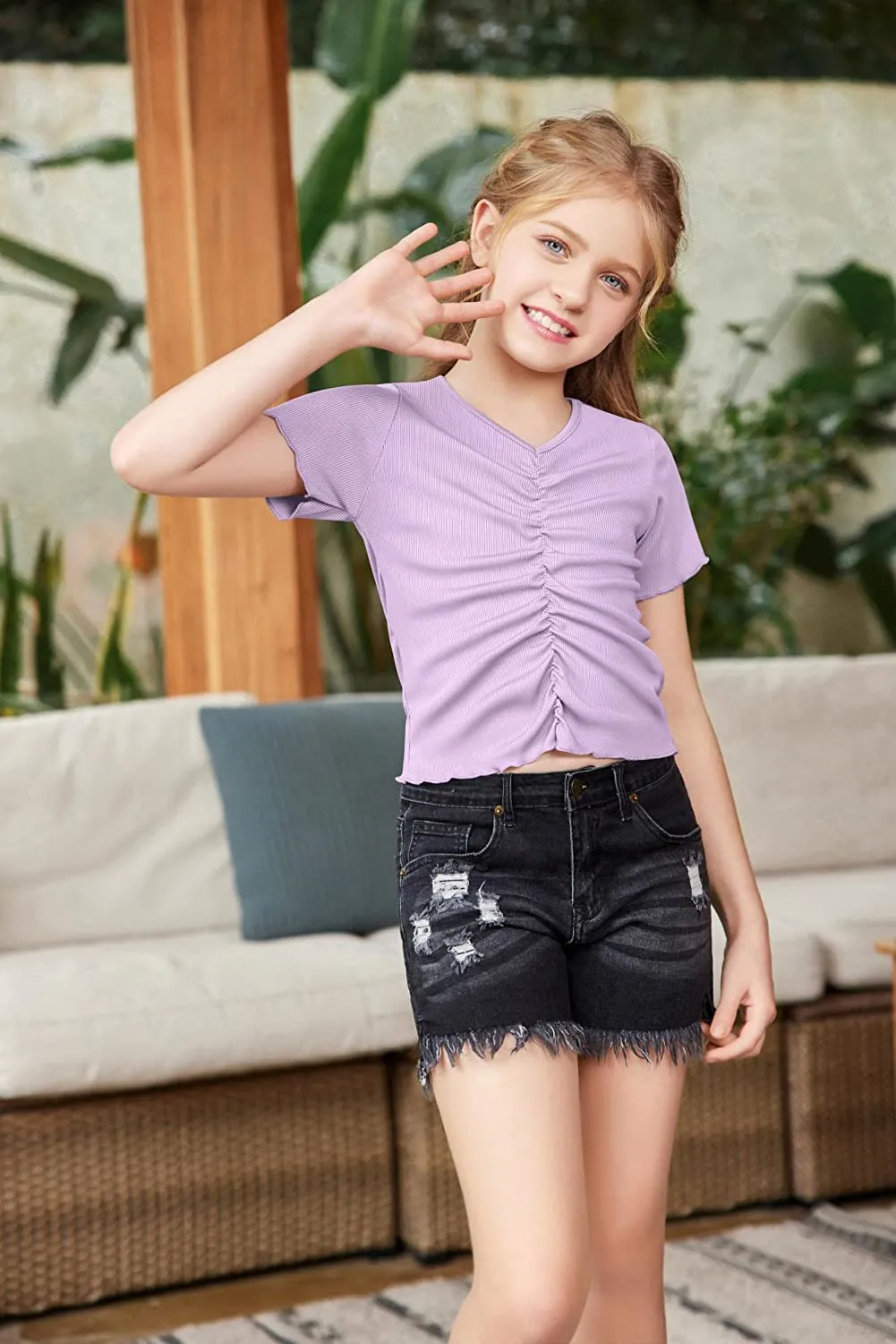 Arshiner Girls Summer Crop Top Short Sleeve Solid Shirt Trim Ruched Tee T-Shirt