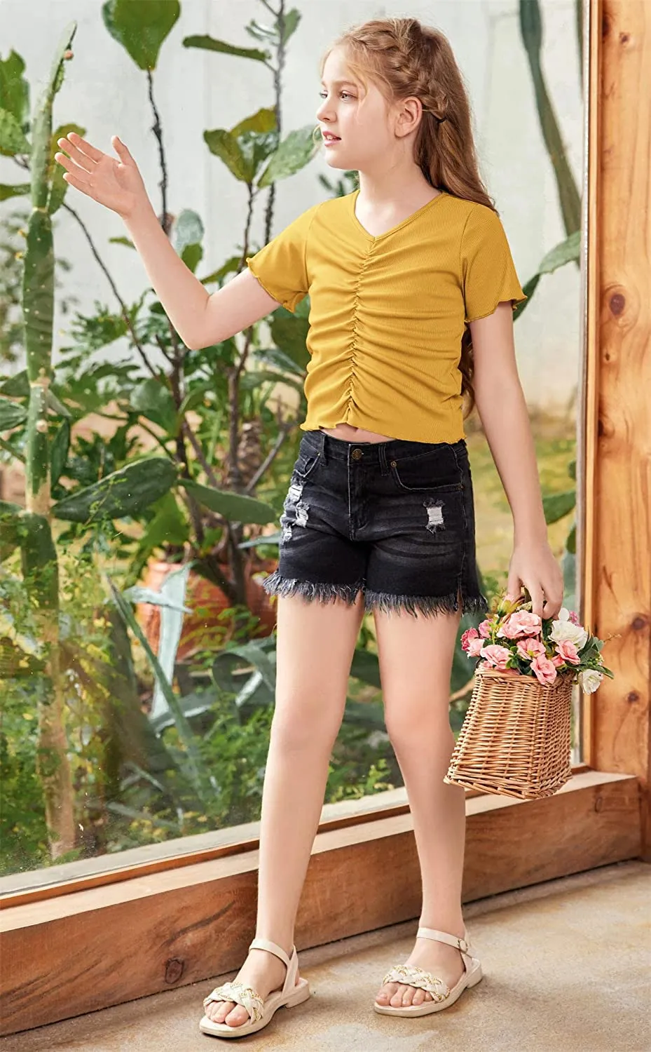Arshiner Girls Summer Crop Top Short Sleeve Solid Shirt Trim Ruched Tee T-Shirt