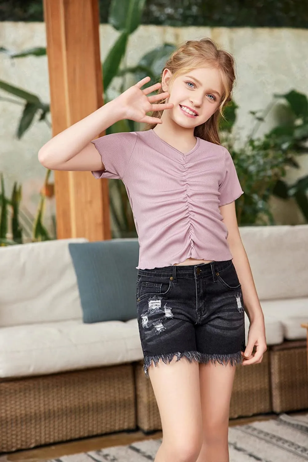 Arshiner Girls Summer Crop Top Short Sleeve Solid Shirt Trim Ruched Tee T-Shirt