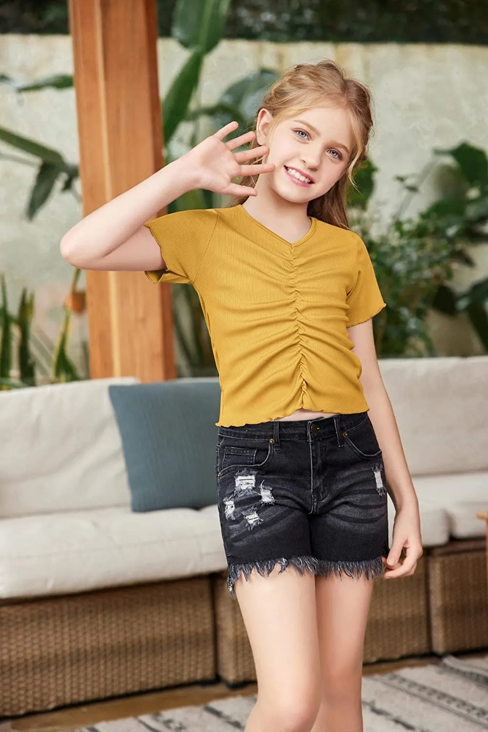 Arshiner Girls Summer Crop Top Short Sleeve Solid Shirt Trim Ruched Tee T-Shirt