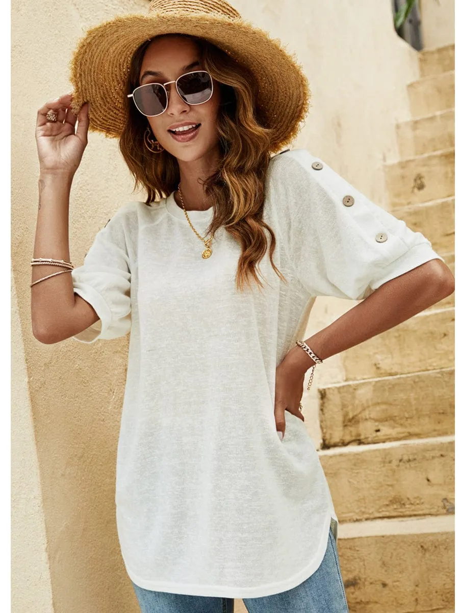 Button-Shoulder Relaxed T-Shirt Top