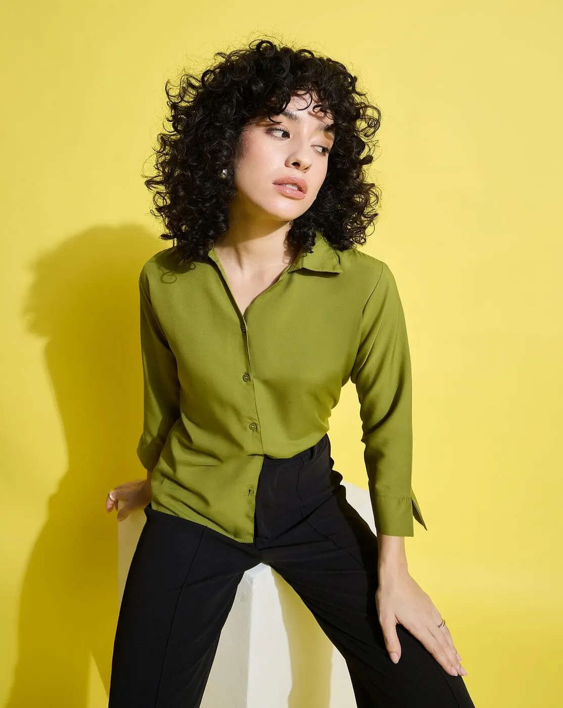 Crepe Regular Fit Solid Black Women Formal Shirt-3493-3499