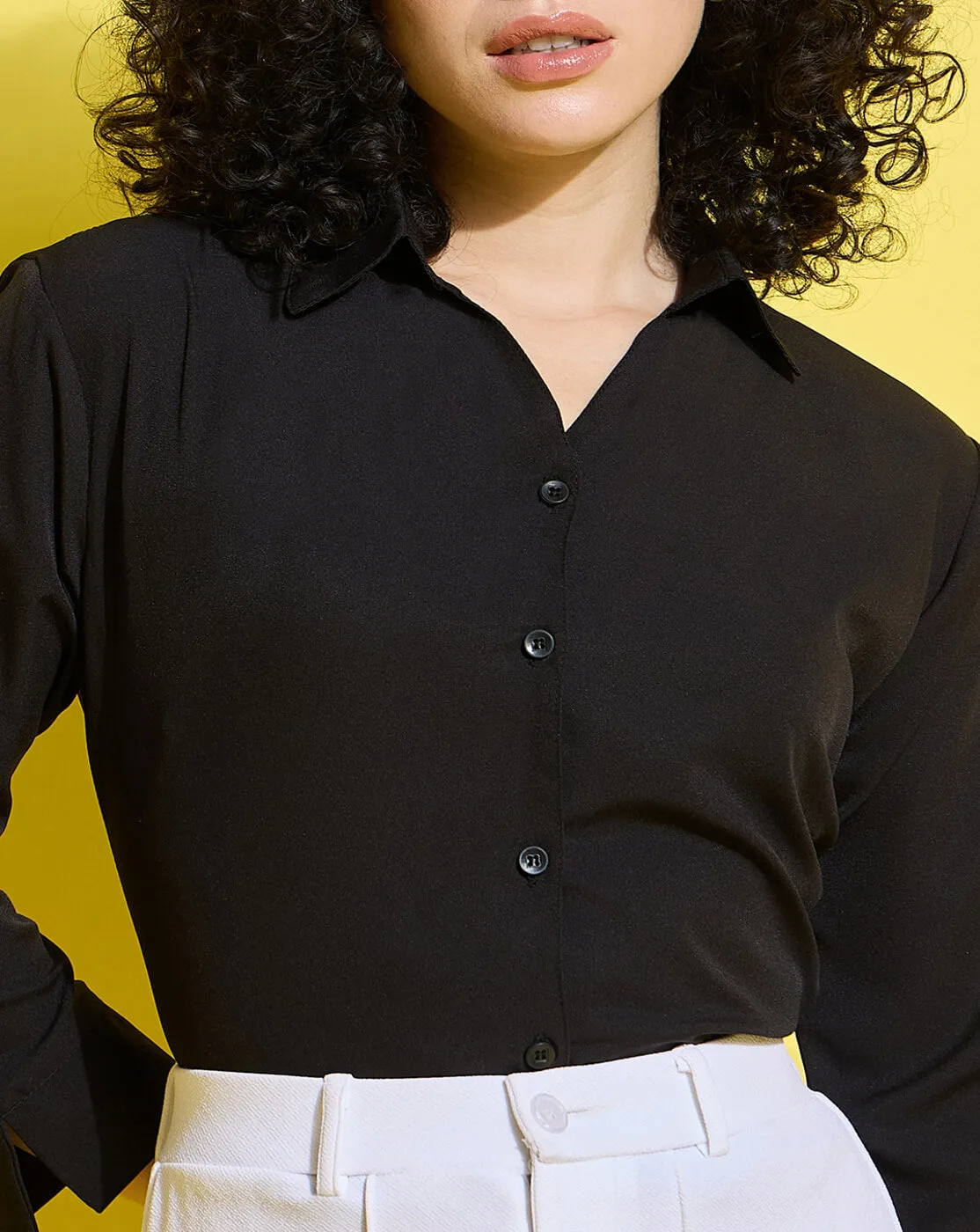 Crepe Regular Fit Solid Black Women Formal Shirt-3497-3499