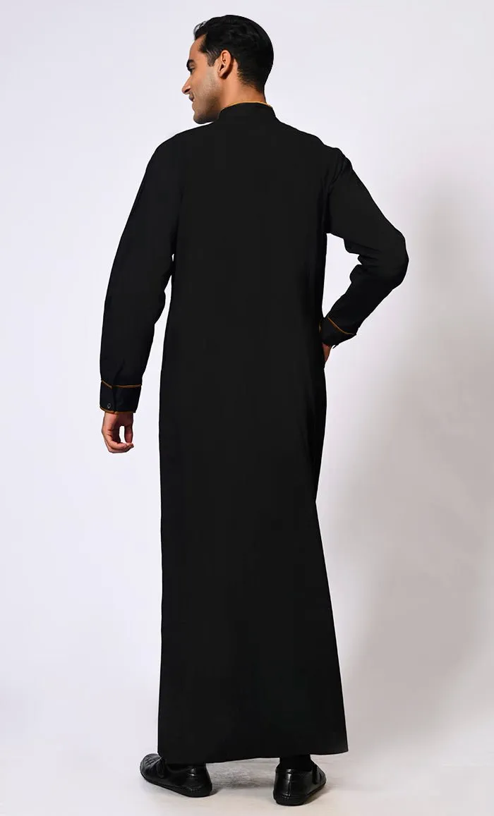 Elevated Elegance: Embroidered Men's Black Thobe with Contrasting Trims