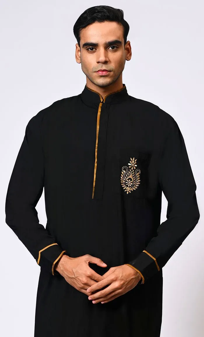 Elevated Elegance: Embroidered Men's Black Thobe with Contrasting Trims