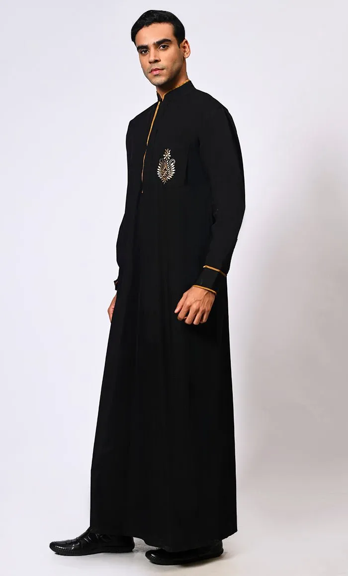Elevated Elegance: Embroidered Men's Black Thobe with Contrasting Trims