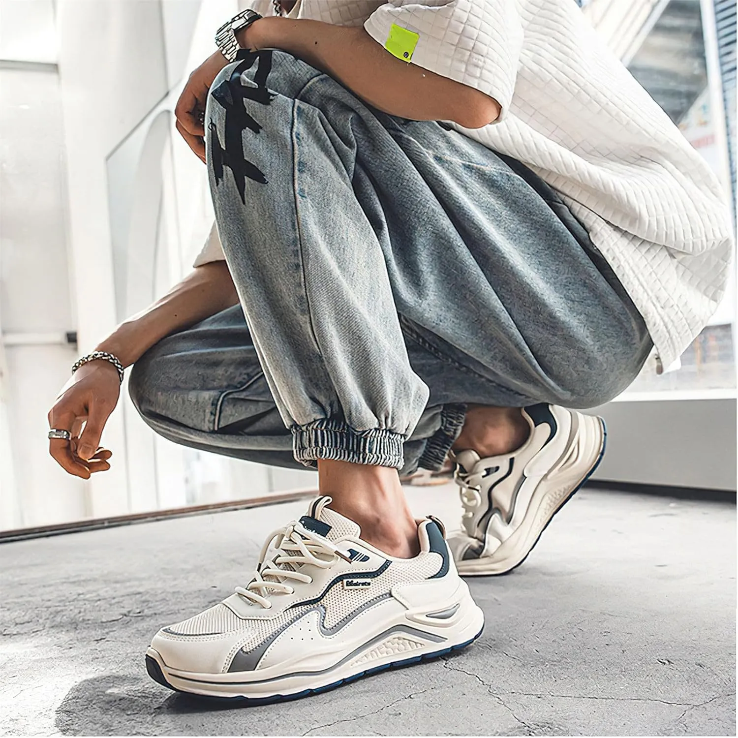 Exusiai Mens Fashion Streetwear Shoes Casual Non Slip Lace-Up Walking Chunky Sneakers Outdoor White Comfortable Breathable Dad Shoes