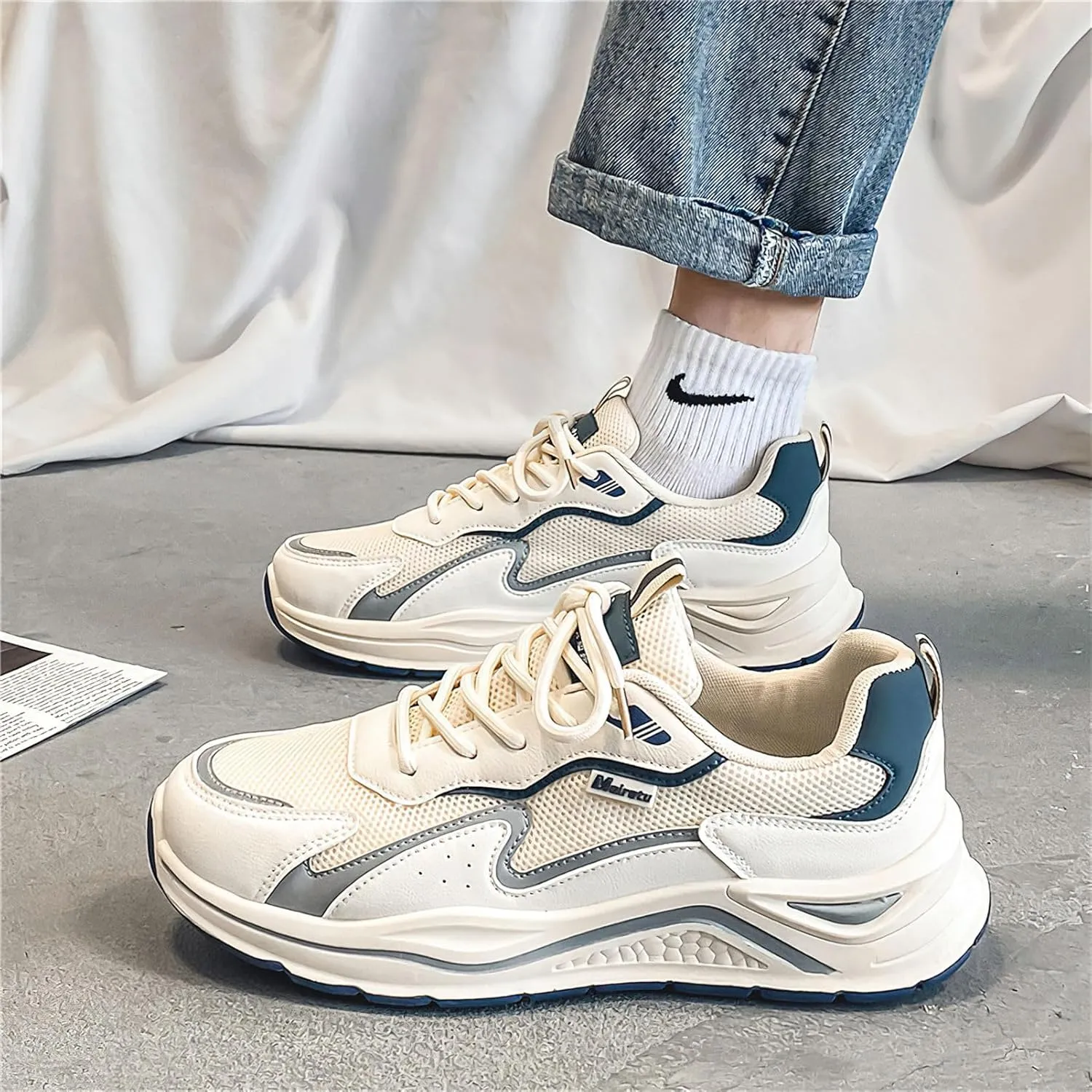 Exusiai Mens Fashion Streetwear Shoes Casual Non Slip Lace-Up Walking Chunky Sneakers Outdoor White Comfortable Breathable Dad Shoes