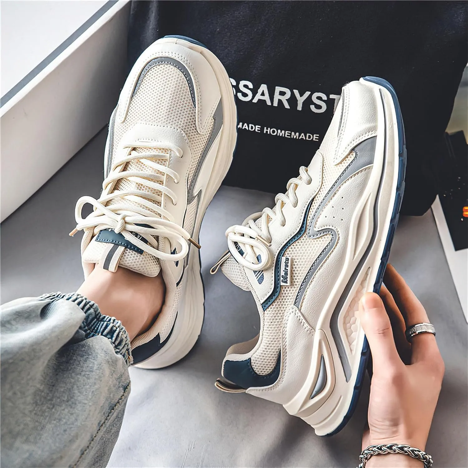 Exusiai Mens Fashion Streetwear Shoes Casual Non Slip Lace-Up Walking Chunky Sneakers Outdoor White Comfortable Breathable Dad Shoes