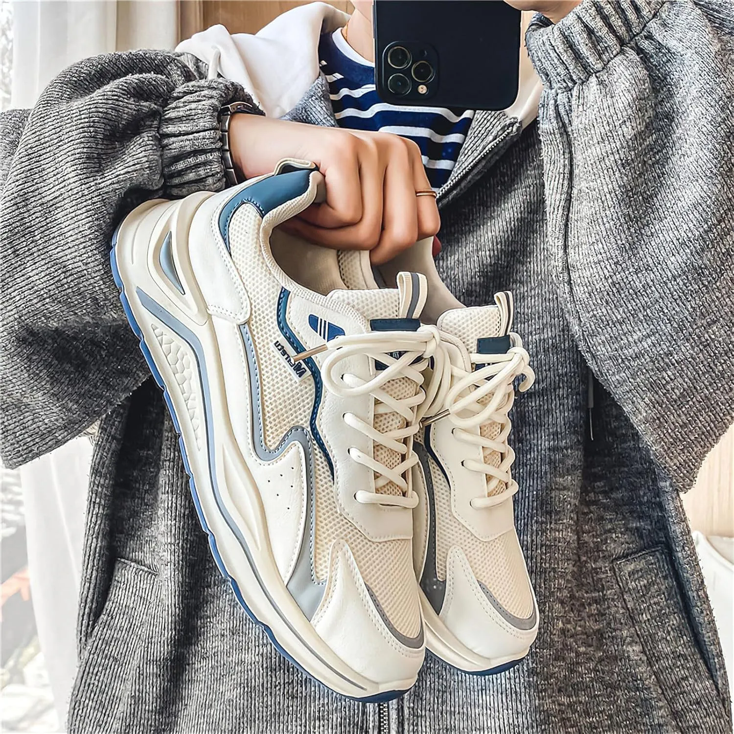 Exusiai Mens Fashion Streetwear Shoes Casual Non Slip Lace-Up Walking Chunky Sneakers Outdoor White Comfortable Breathable Dad Shoes