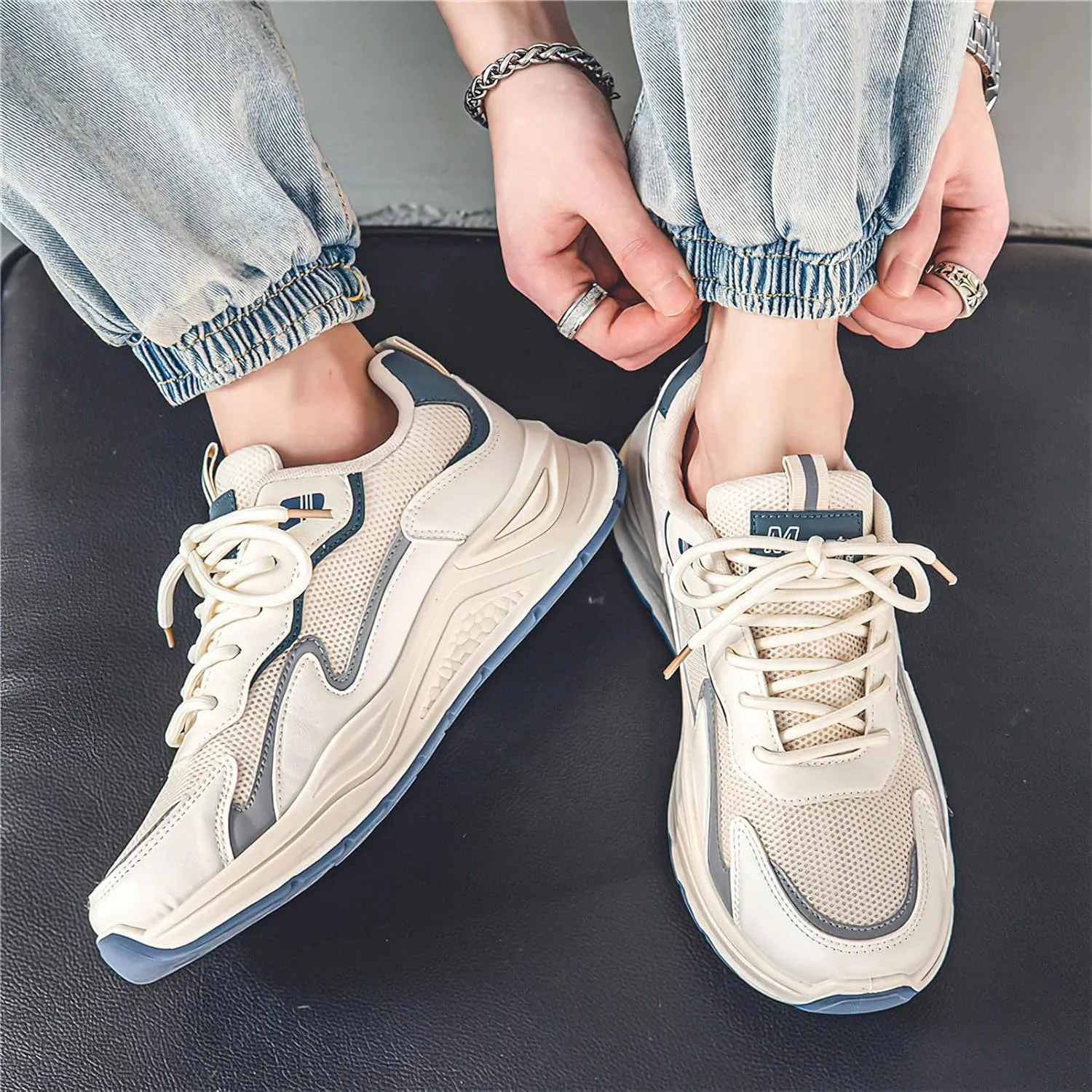 Exusiai Mens Fashion Streetwear Shoes Casual Non Slip Lace-Up Walking Chunky Sneakers Outdoor White Comfortable Breathable Dad Shoes