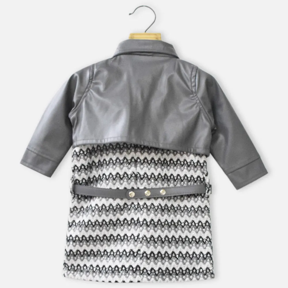 Grey Straight Fit Dress With Leather Jacket