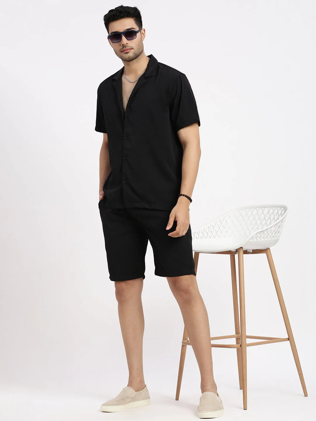 Men Black Solid Co Ords Set