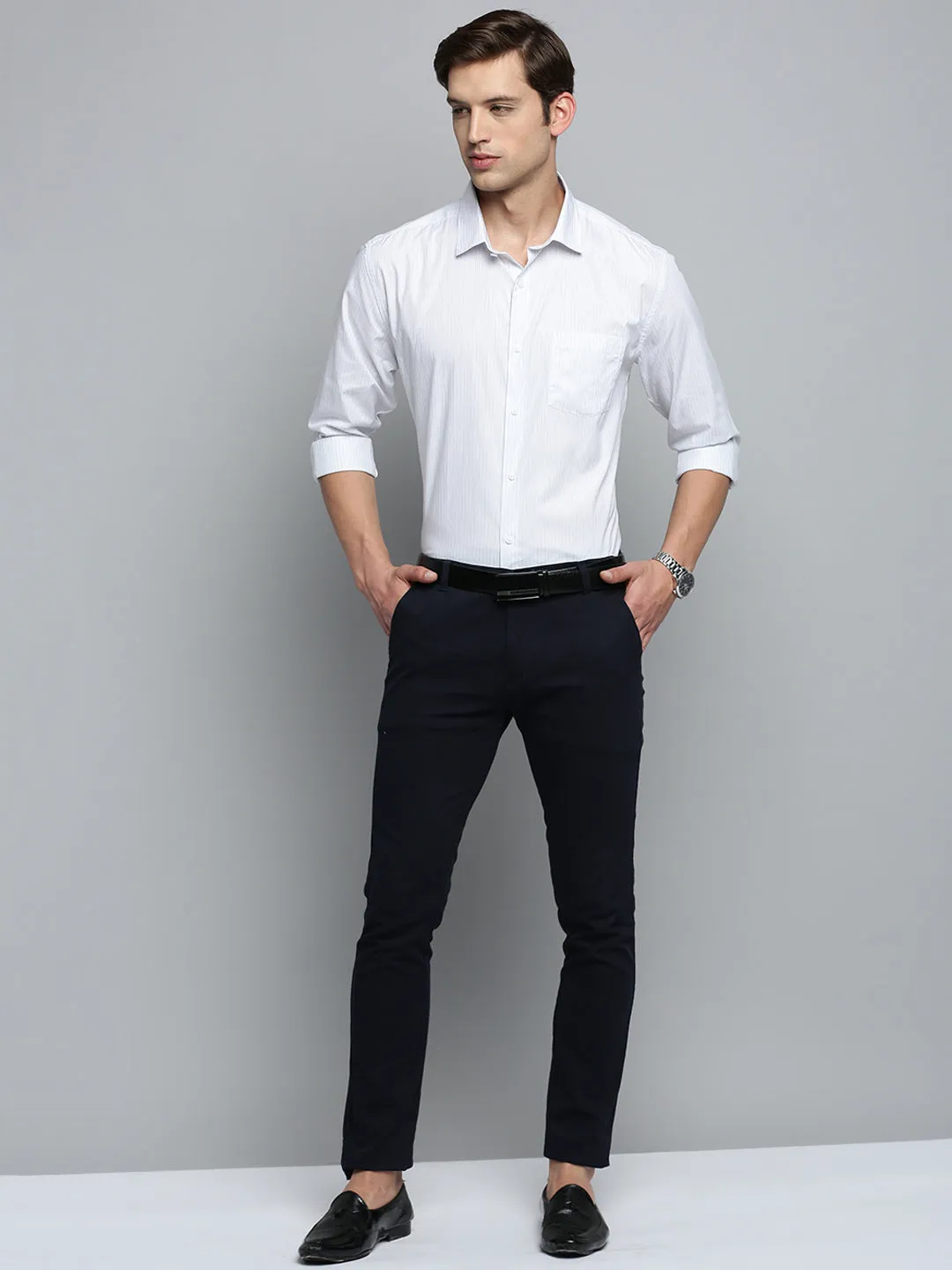 Men White Striped Formal Shirt