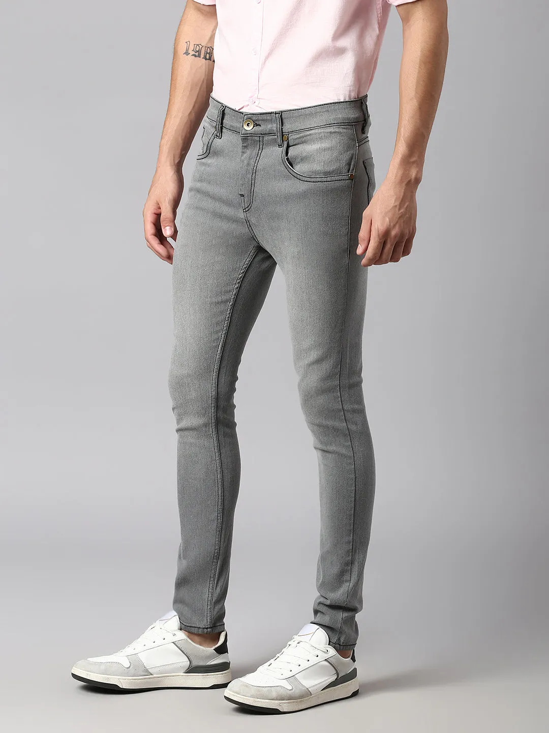 Men's Slim Fit Stretchable Denim Solid Jeans (Grey)
