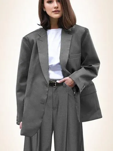 Modern Women Trendy Loose Wide Shoulder Lt. Weight Suit Sets Wide Blazer Top   Comfortable Loose Dress Pant