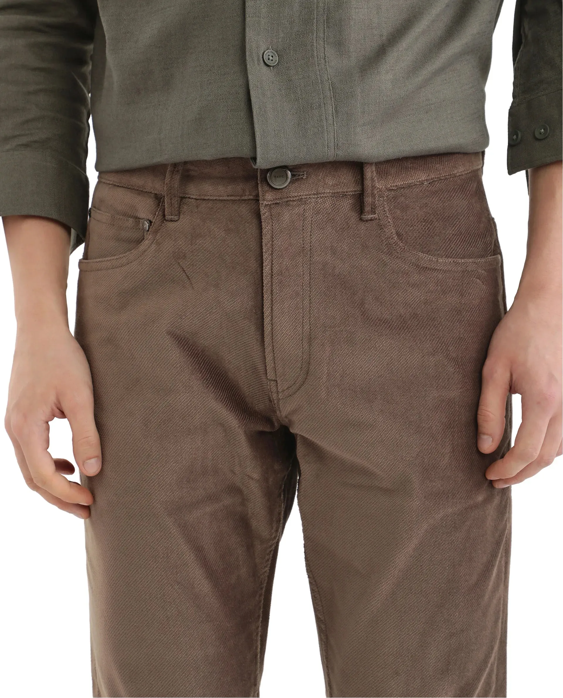 Rare Rabbit Men Nahor Brown Cotton Blend Fabric Button Closure Regular Fit Plain Trouser