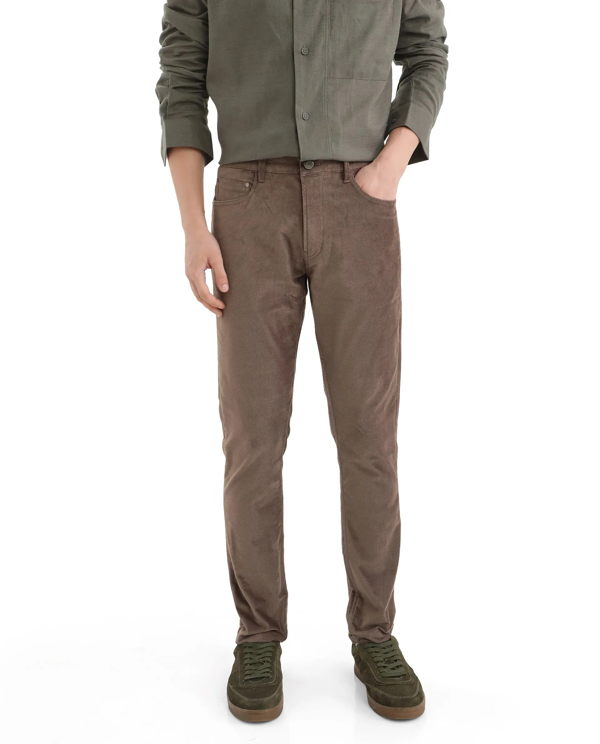 Rare Rabbit Men Nahor Brown Cotton Blend Fabric Button Closure Regular Fit Plain Trouser
