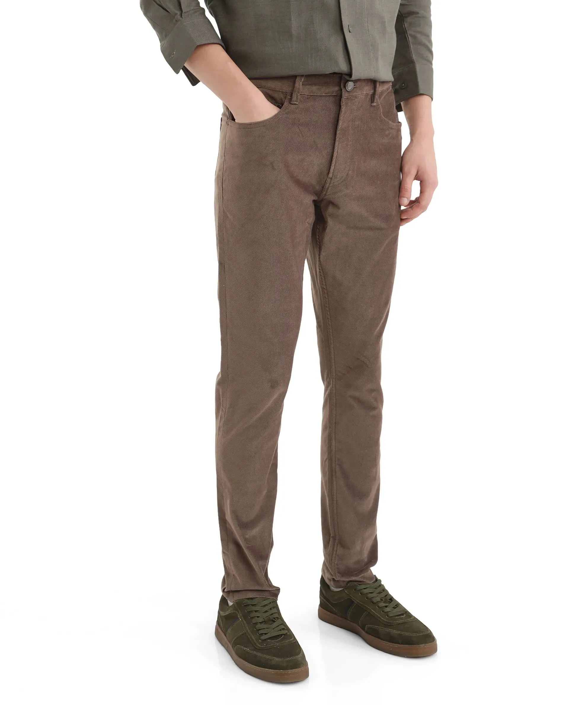 Rare Rabbit Men Nahor Brown Cotton Blend Fabric Button Closure Regular Fit Plain Trouser