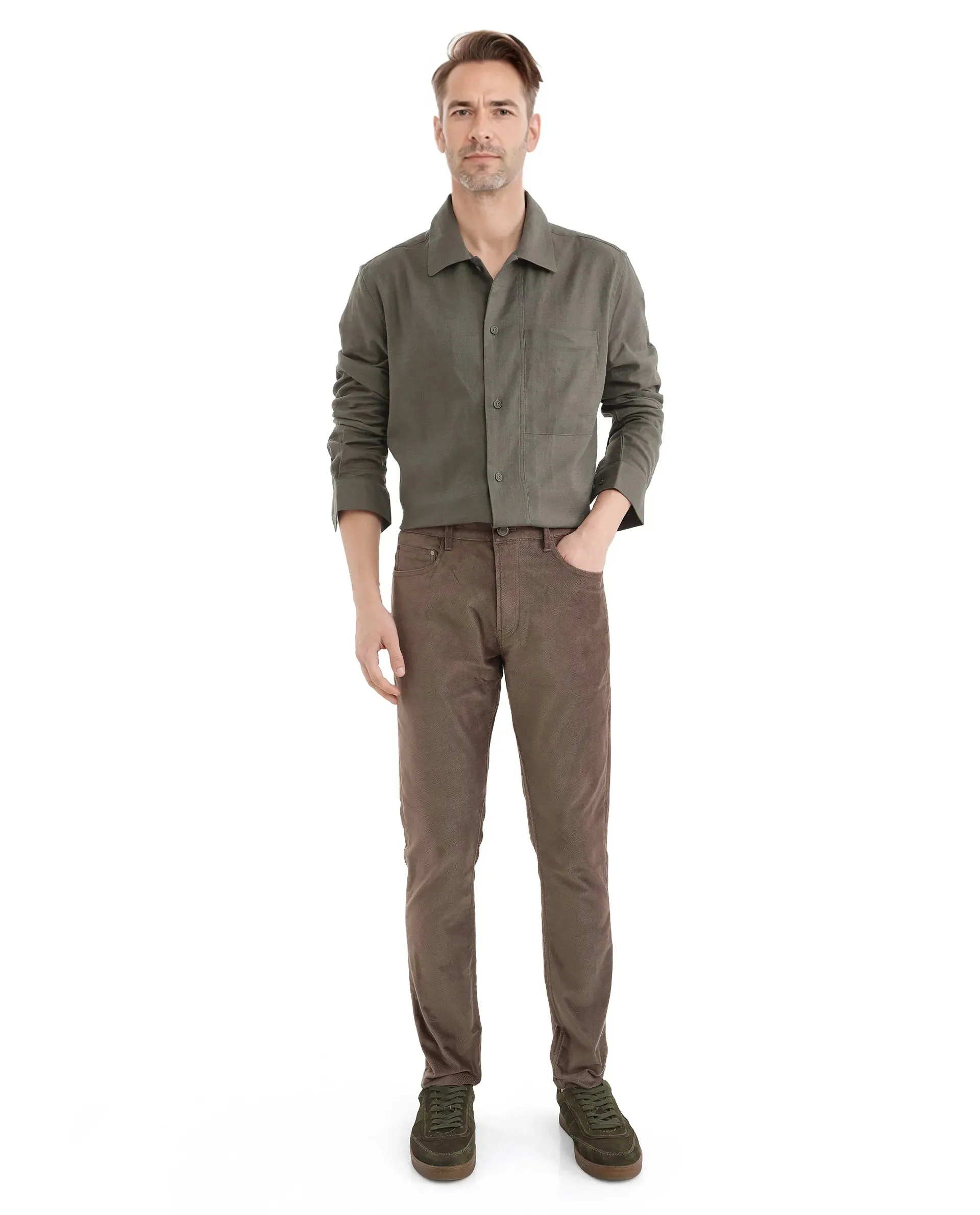 Rare Rabbit Men Nahor Brown Cotton Blend Fabric Button Closure Regular Fit Plain Trouser