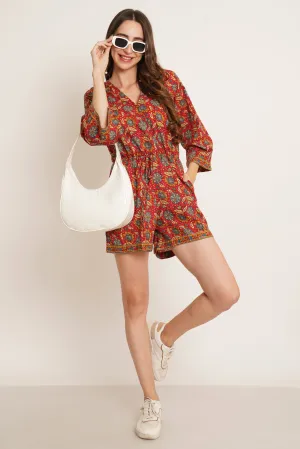 Red Bohemian Floral Bell Sleeve Playsuit For Women