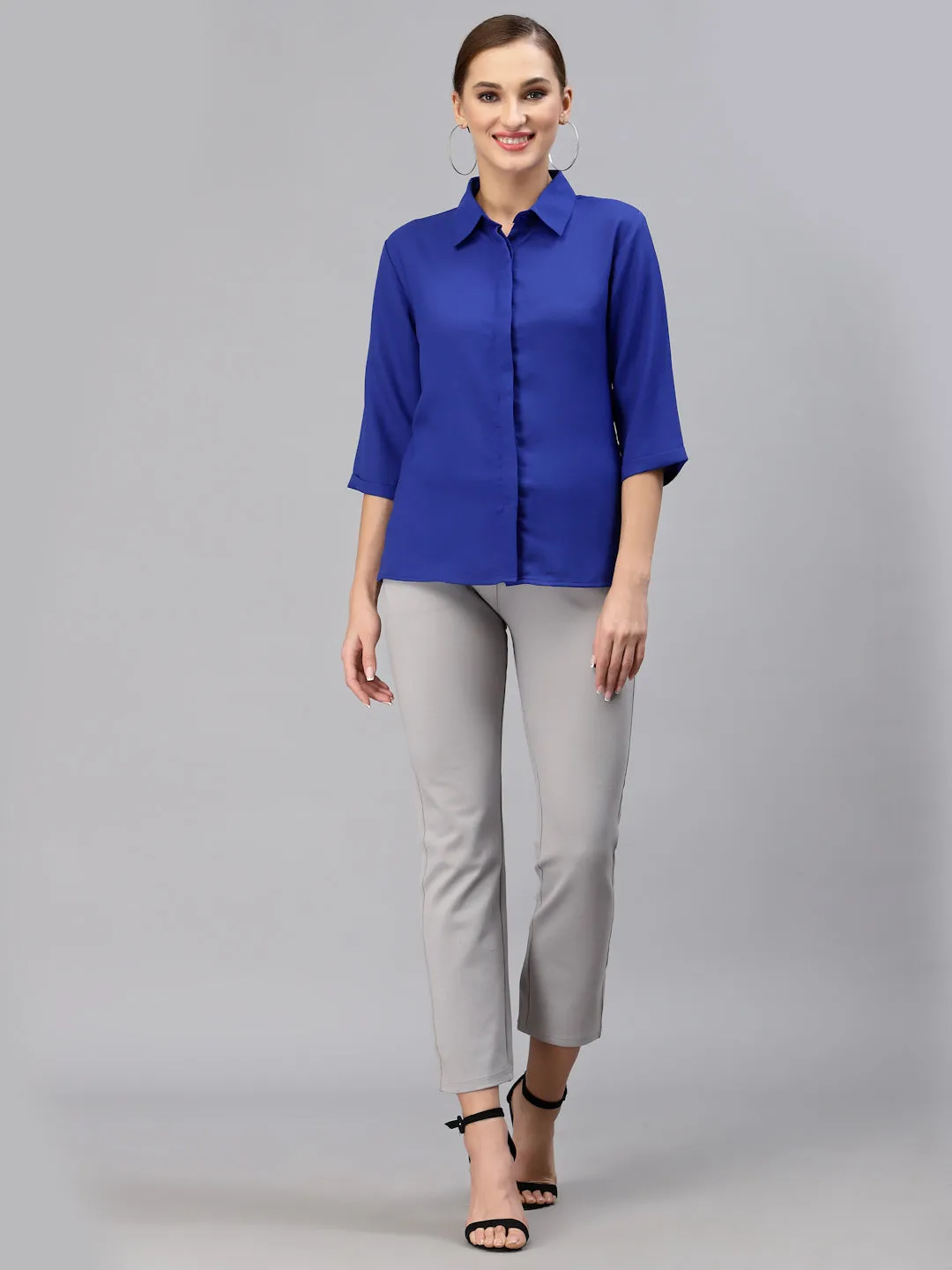 Style Quotient Women Solid Royal Blue Polymoss Regular Formal Shirt