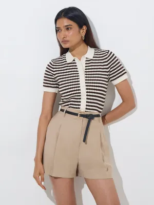 Wardrobe Dark Brown Striped Knit-Textured Cotton Top