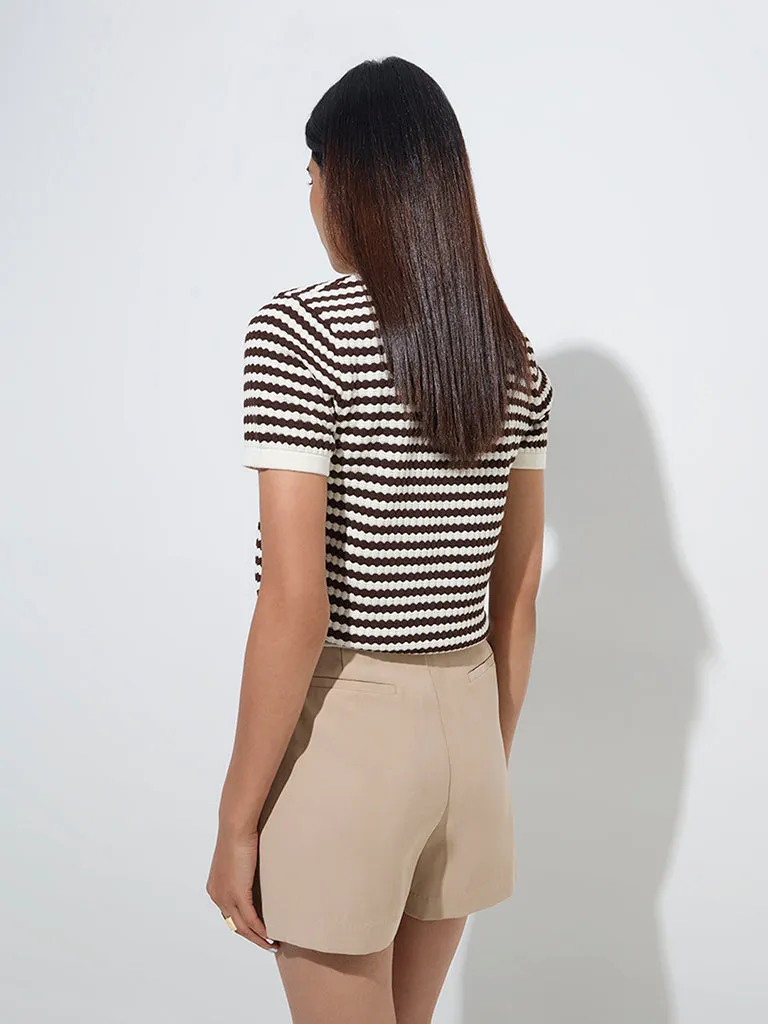 Wardrobe Dark Brown Striped Knit-Textured Cotton Top