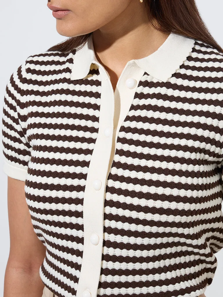 Wardrobe Dark Brown Striped Knit-Textured Cotton Top
