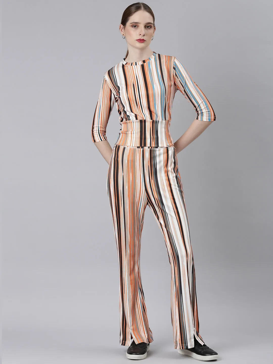 Women Orange Striped Tracksuit