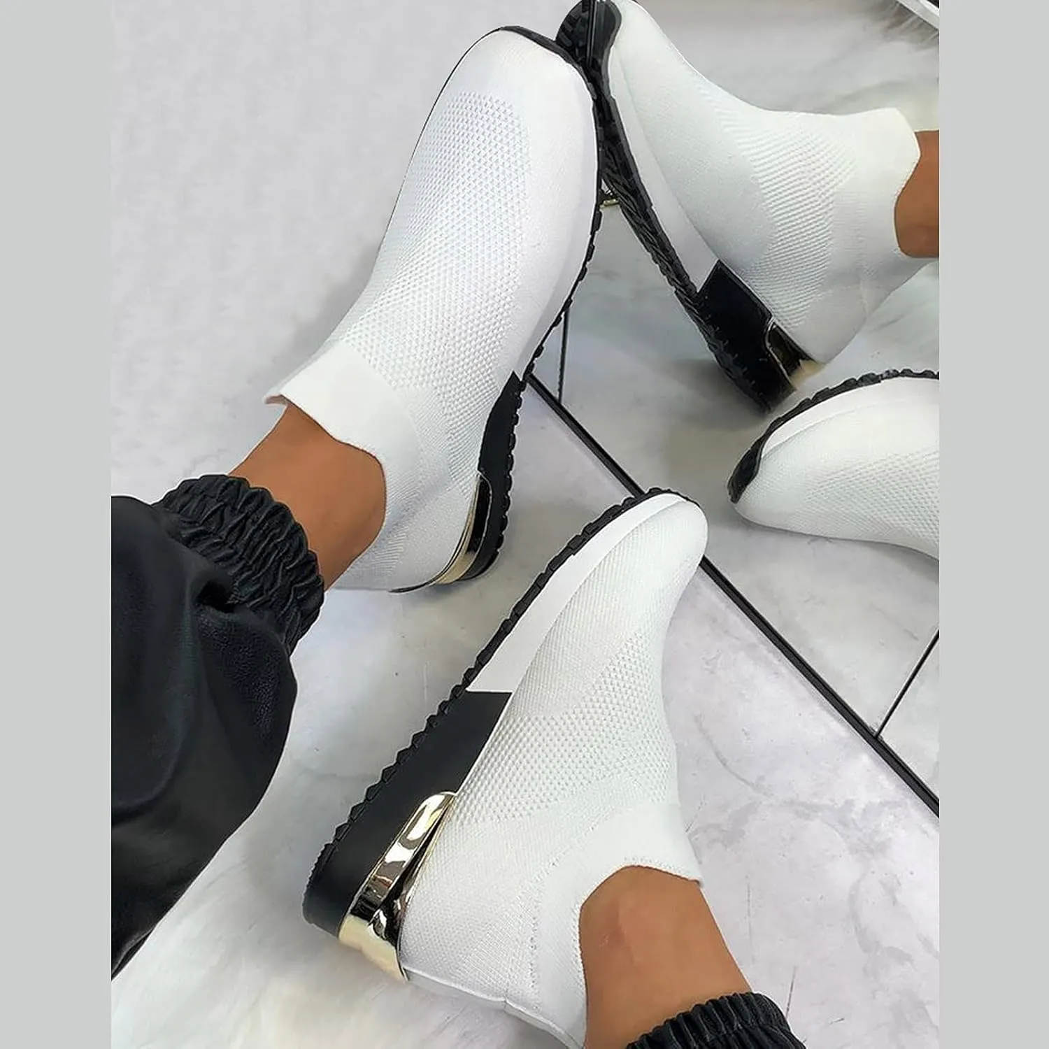 Women's Fashion Sneaker Mesh Slip On Black Non Slip Shoes for Women Comfortable Walking Shoes for Men Wide Width Black Platform Loafers Women Sock Sneakers Women