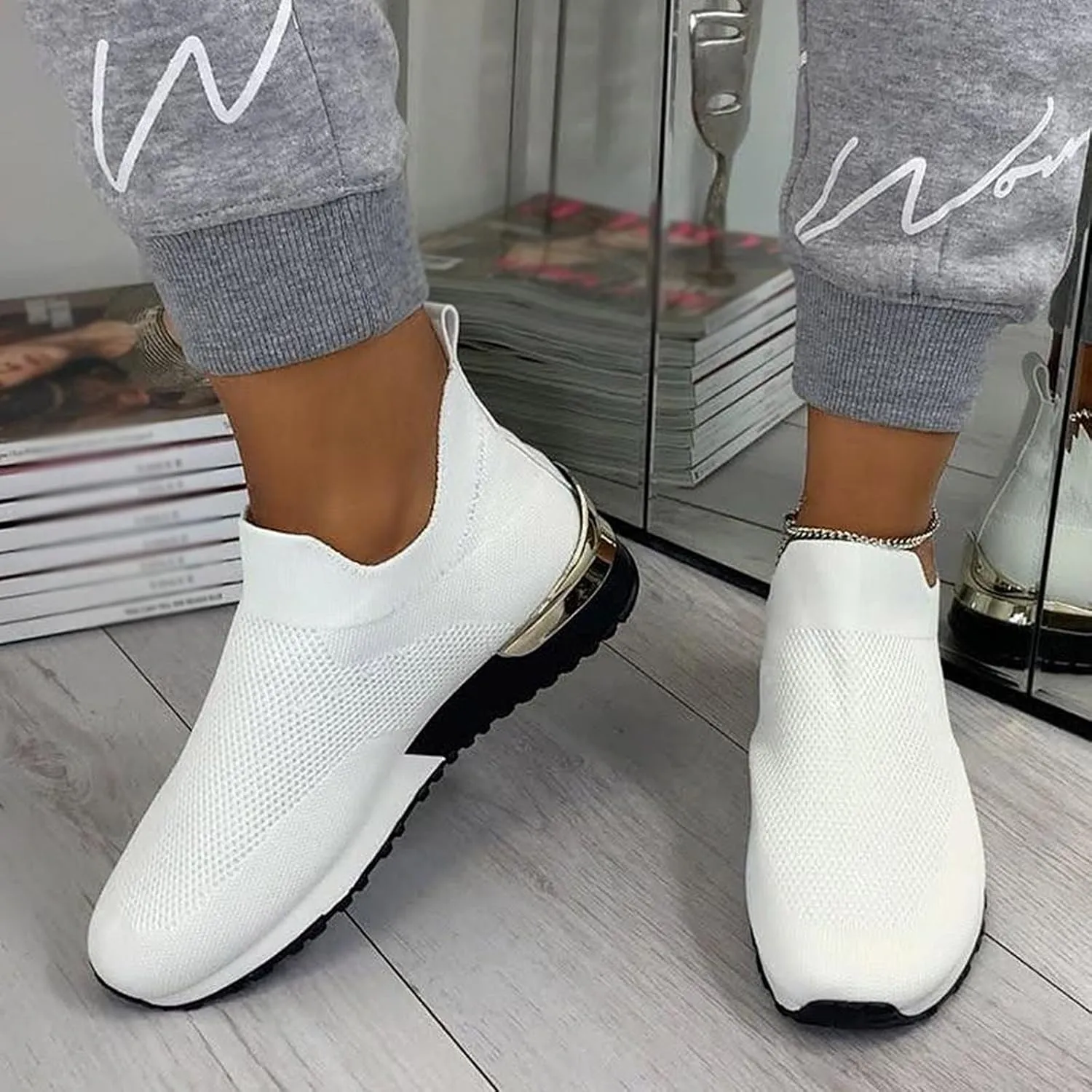 Women's Fashion Sneaker Mesh Slip On Black Non Slip Shoes for Women Comfortable Walking Shoes for Men Wide Width Black Platform Loafers Women Sock Sneakers Women