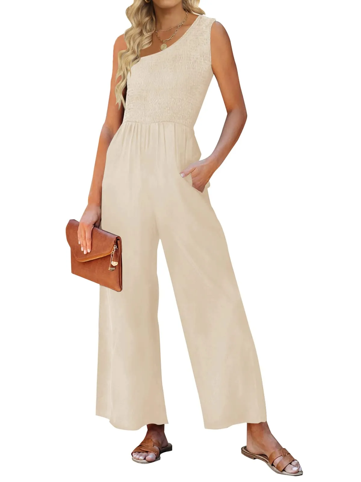 ZESICA One Shoulder Sleeveless Smocked Jumpsuit