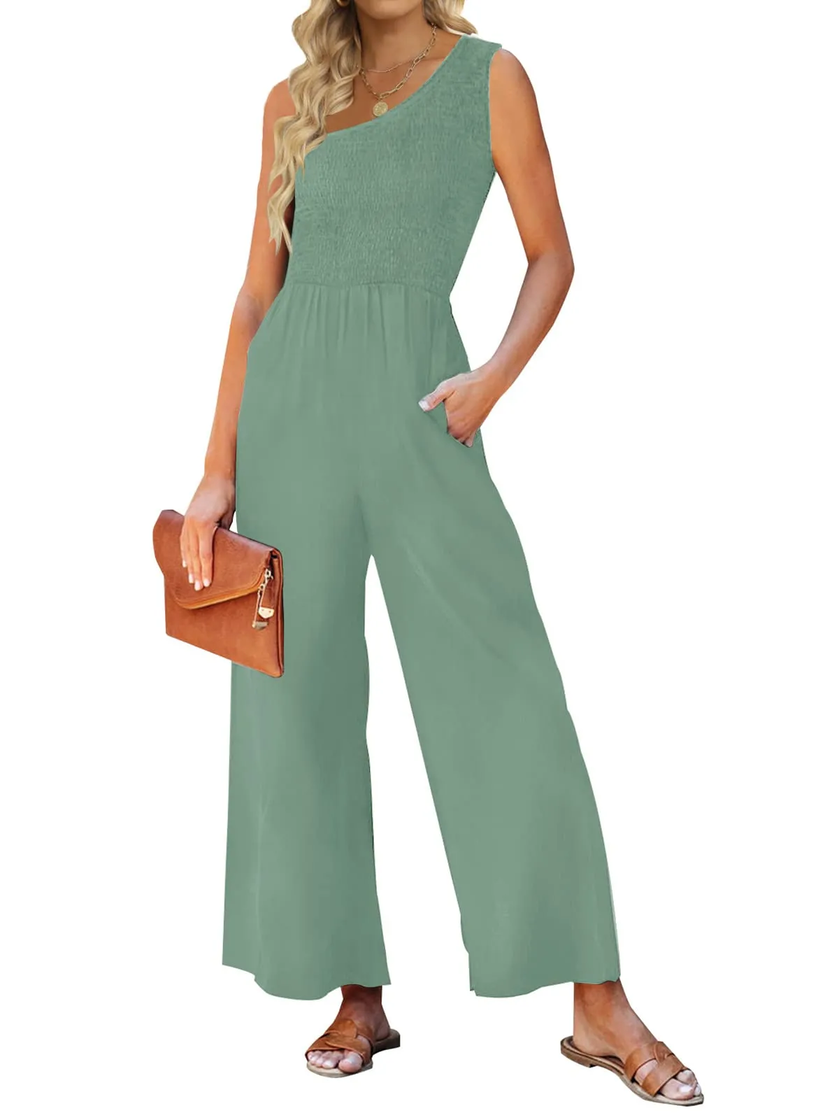 ZESICA One Shoulder Sleeveless Smocked Jumpsuit