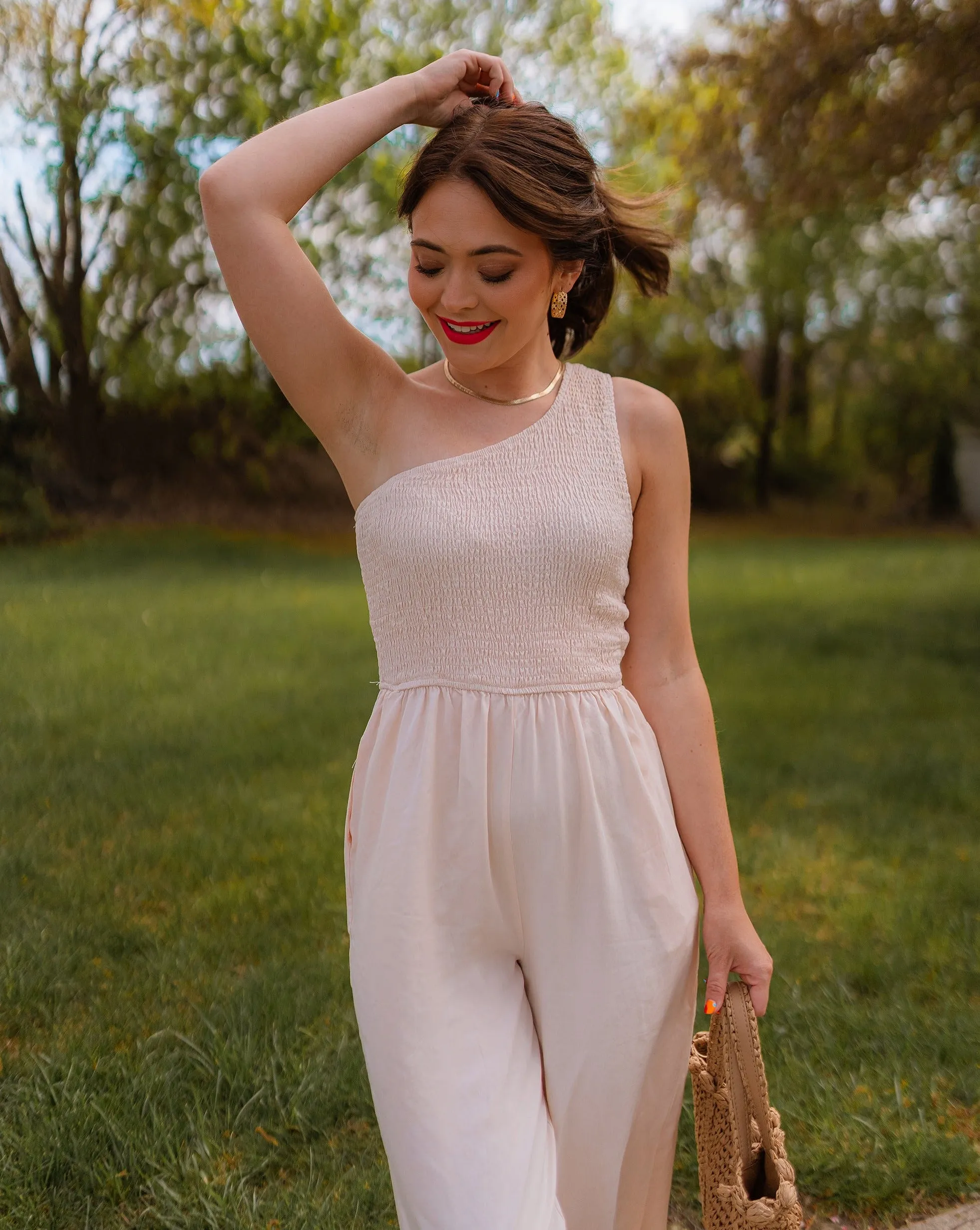 ZESICA One Shoulder Sleeveless Smocked Jumpsuit