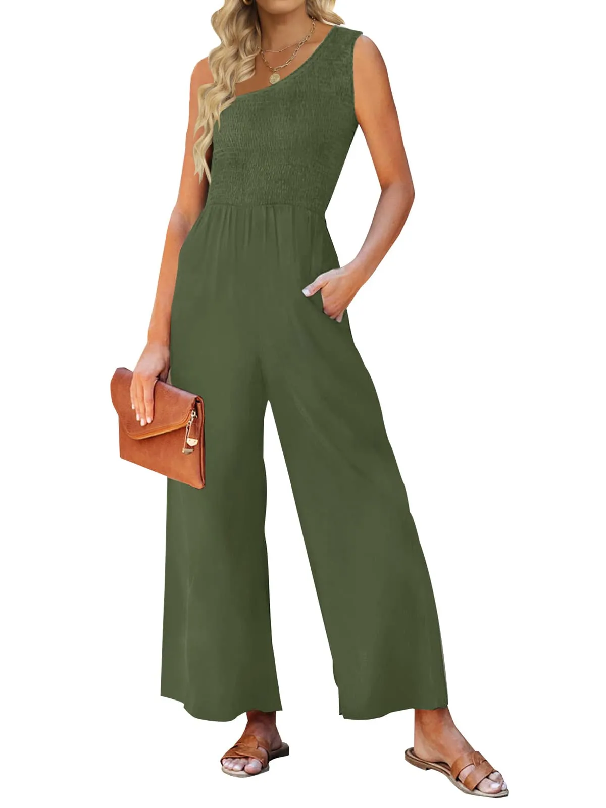 ZESICA One Shoulder Sleeveless Smocked Jumpsuit
