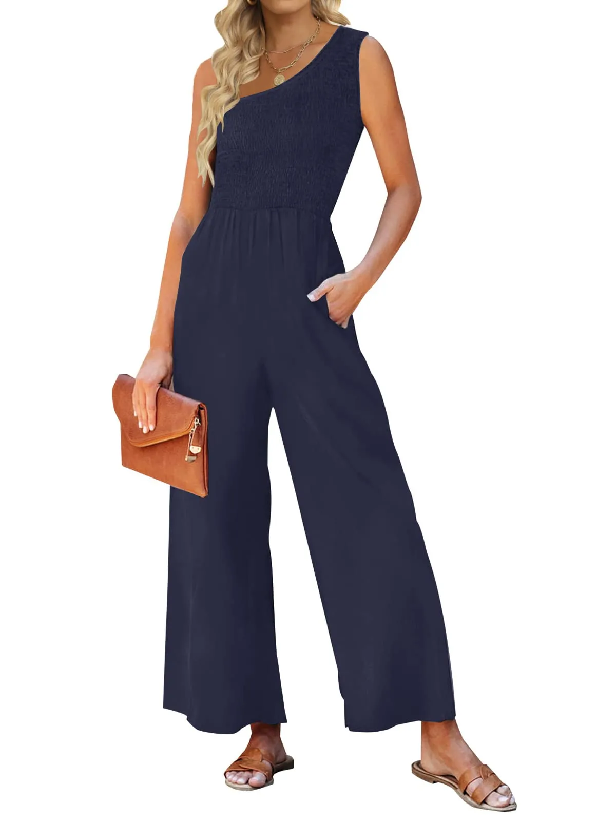 ZESICA One Shoulder Sleeveless Smocked Jumpsuit