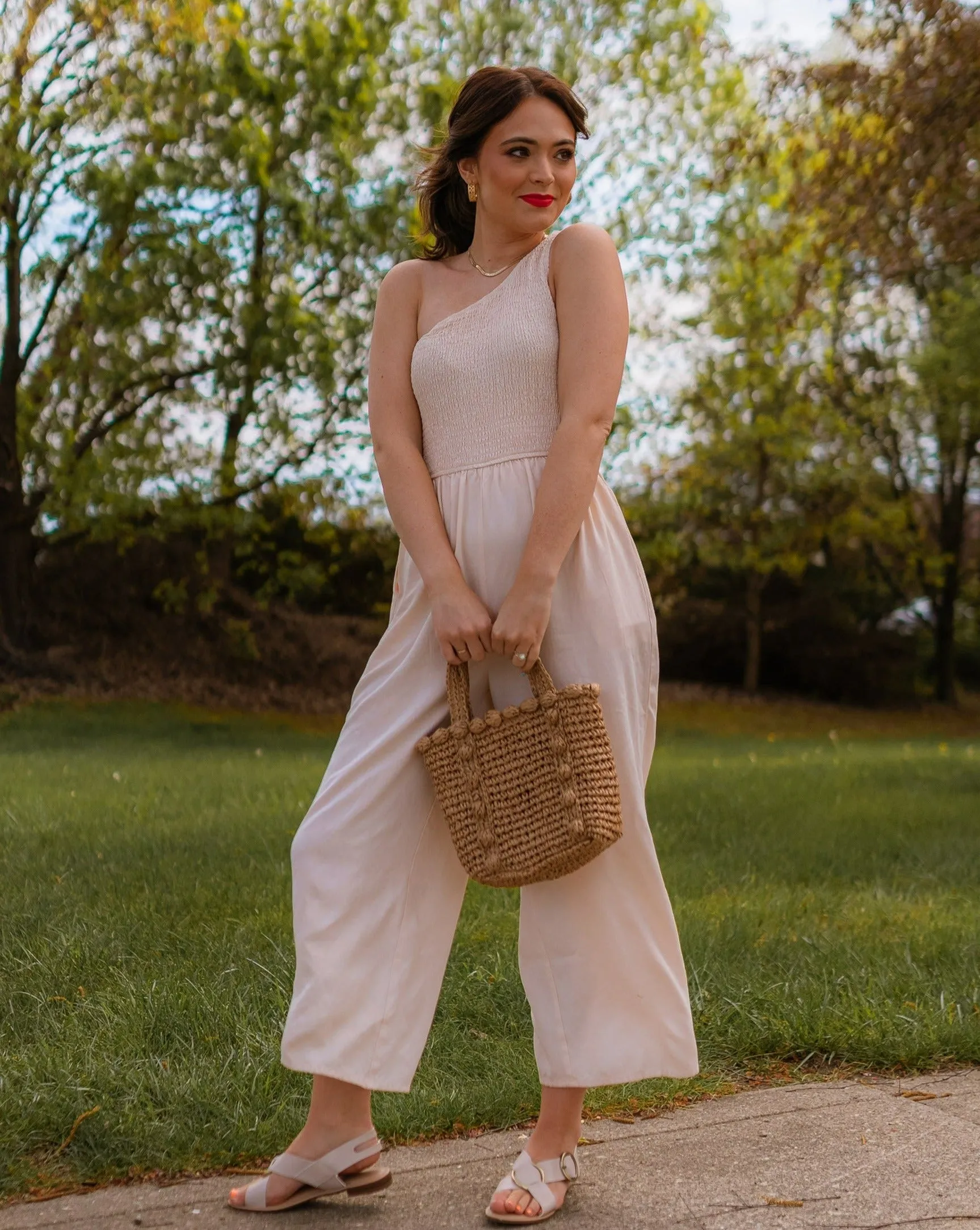 ZESICA One Shoulder Sleeveless Smocked Jumpsuit