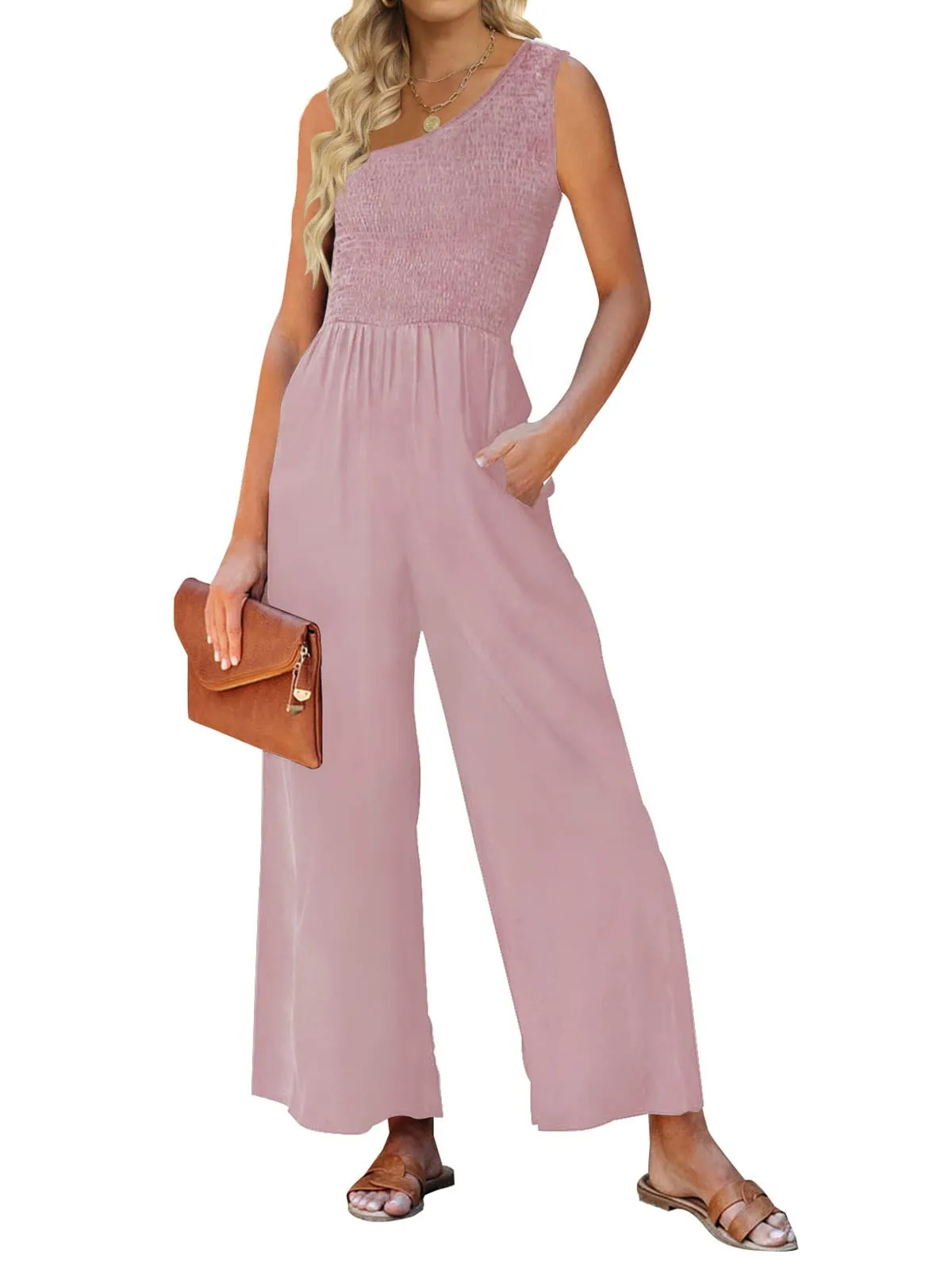 ZESICA One Shoulder Sleeveless Smocked Jumpsuit