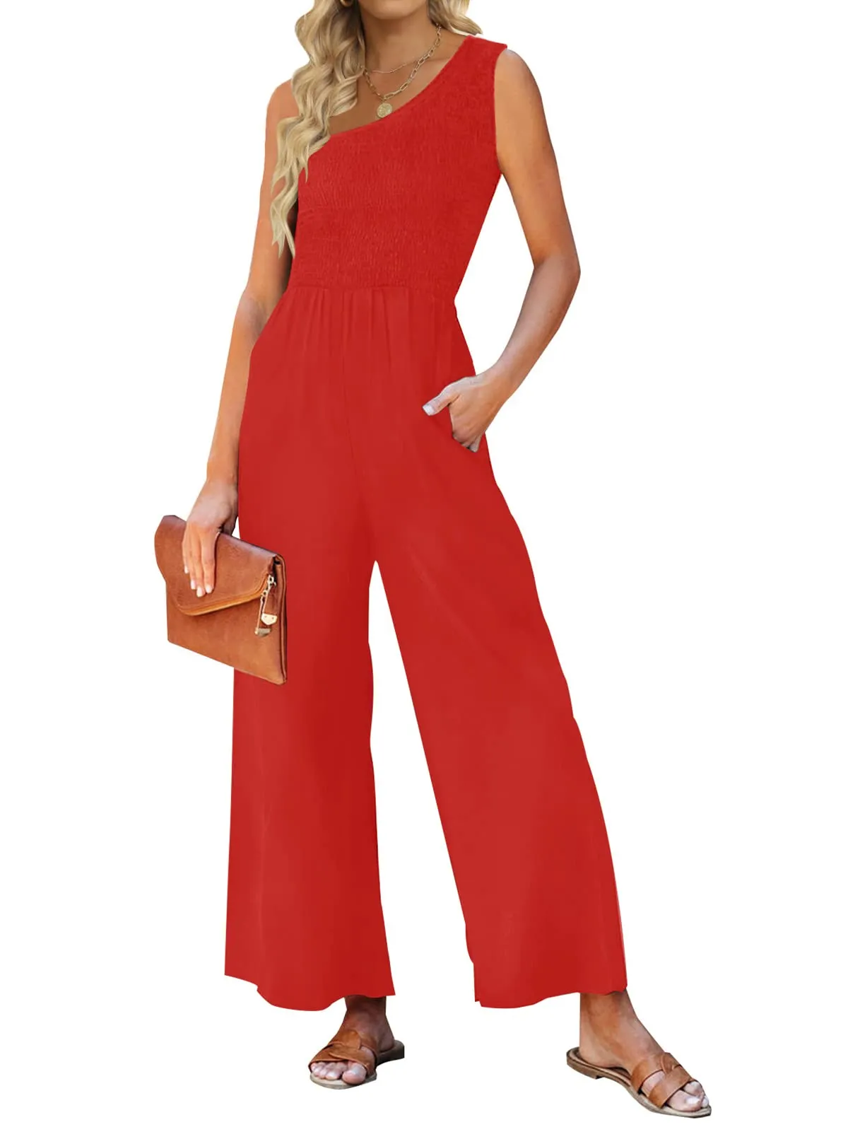 ZESICA One Shoulder Sleeveless Smocked Jumpsuit