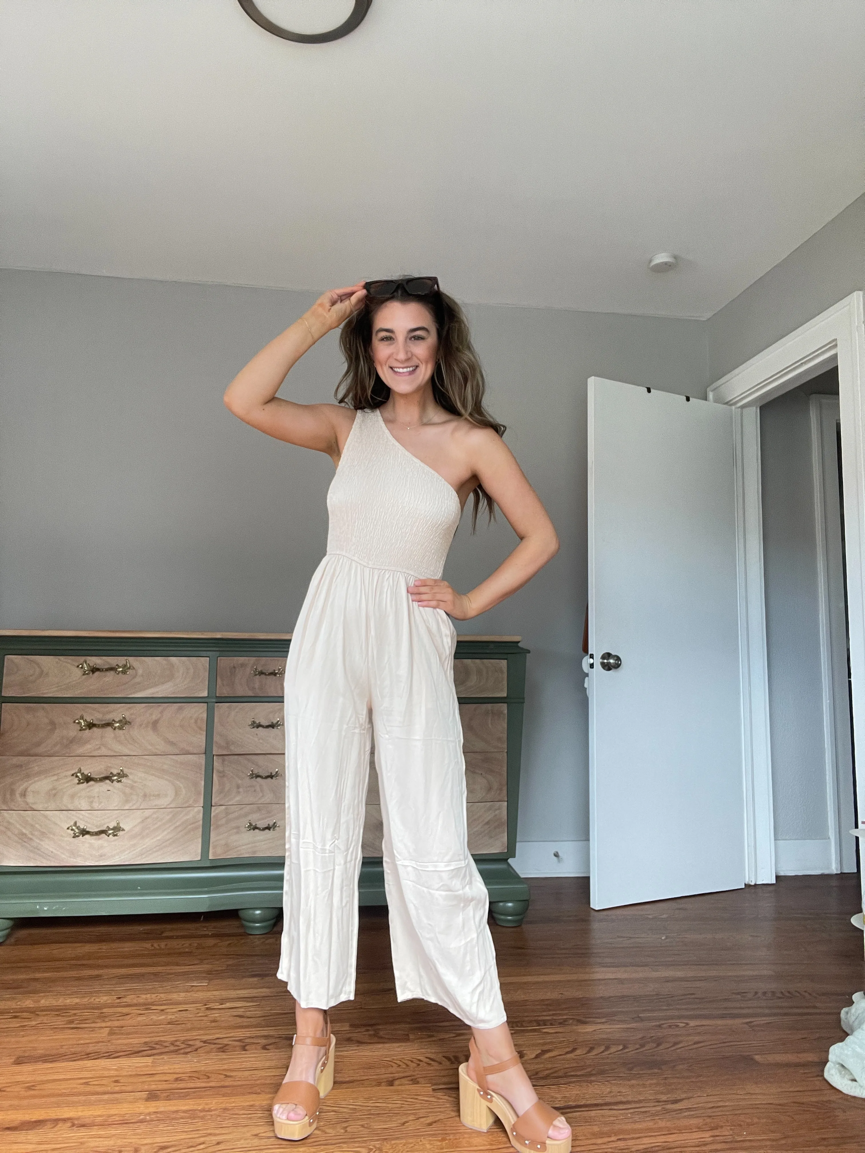 ZESICA One Shoulder Sleeveless Smocked Jumpsuit